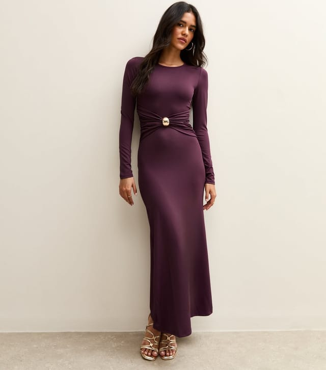 New Look Women's Burgundy Ruched Waist Long Sleeve Midi Dress New Look - 2