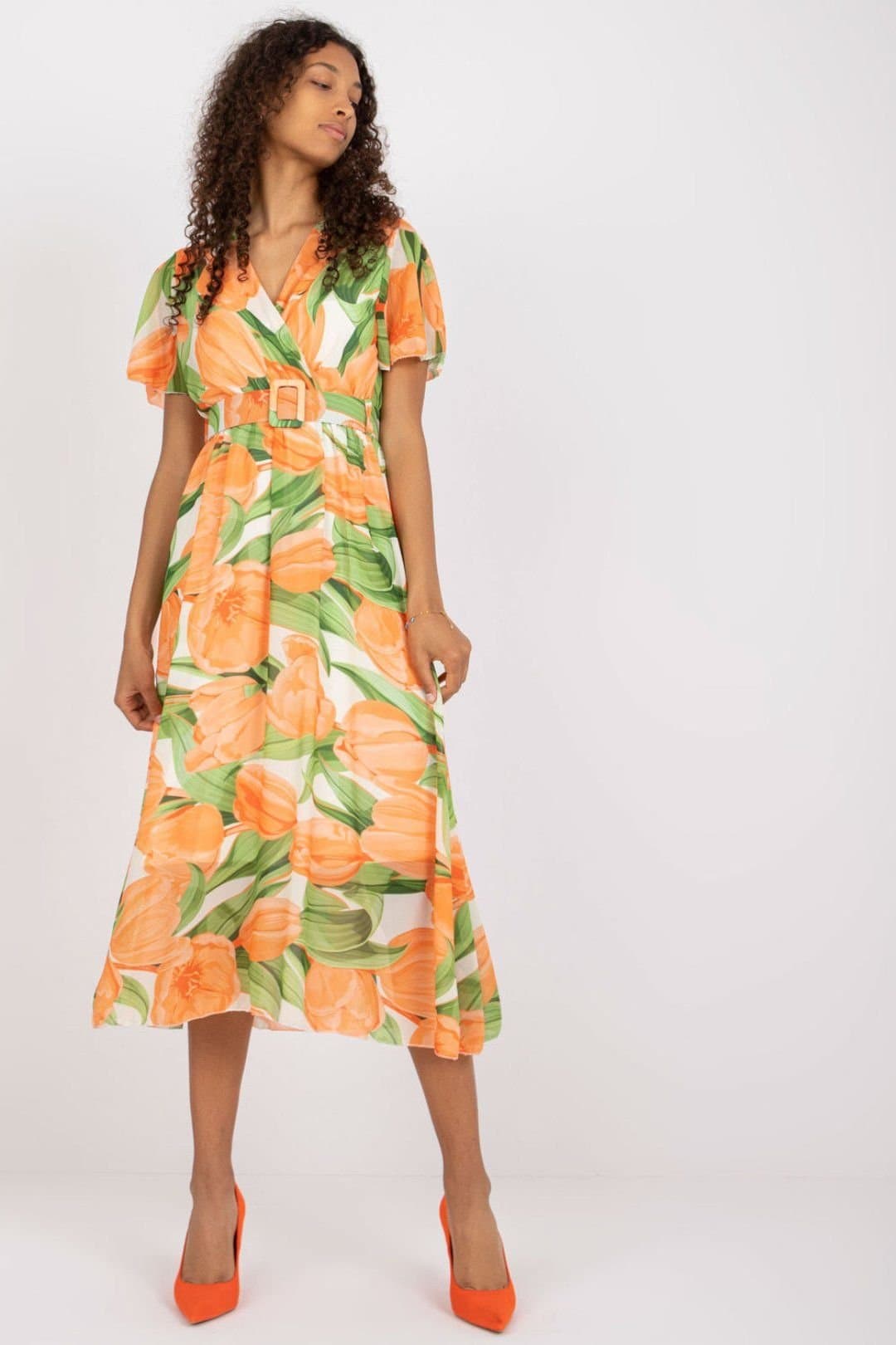 Love Lace Love Lace Women's Summer Frill Sleeve Envelope Belt Dress in Orange