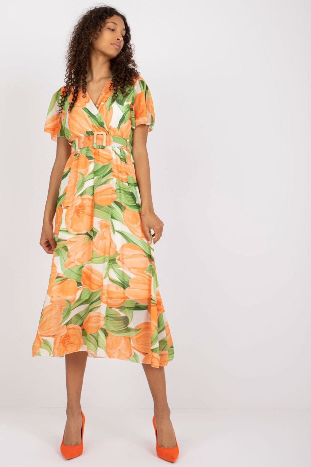 Love Lace Orange Frill Sleeve Floral Dress