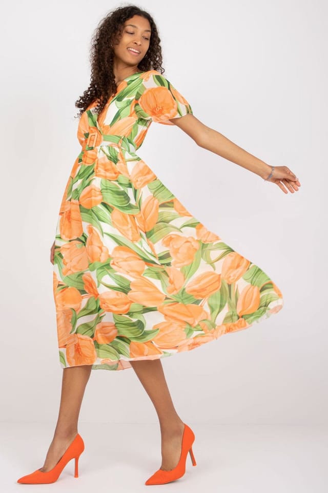 Love Lace Love Lace Women's Summer Frill Sleeve Envelope Belt Dress in Orange - 2