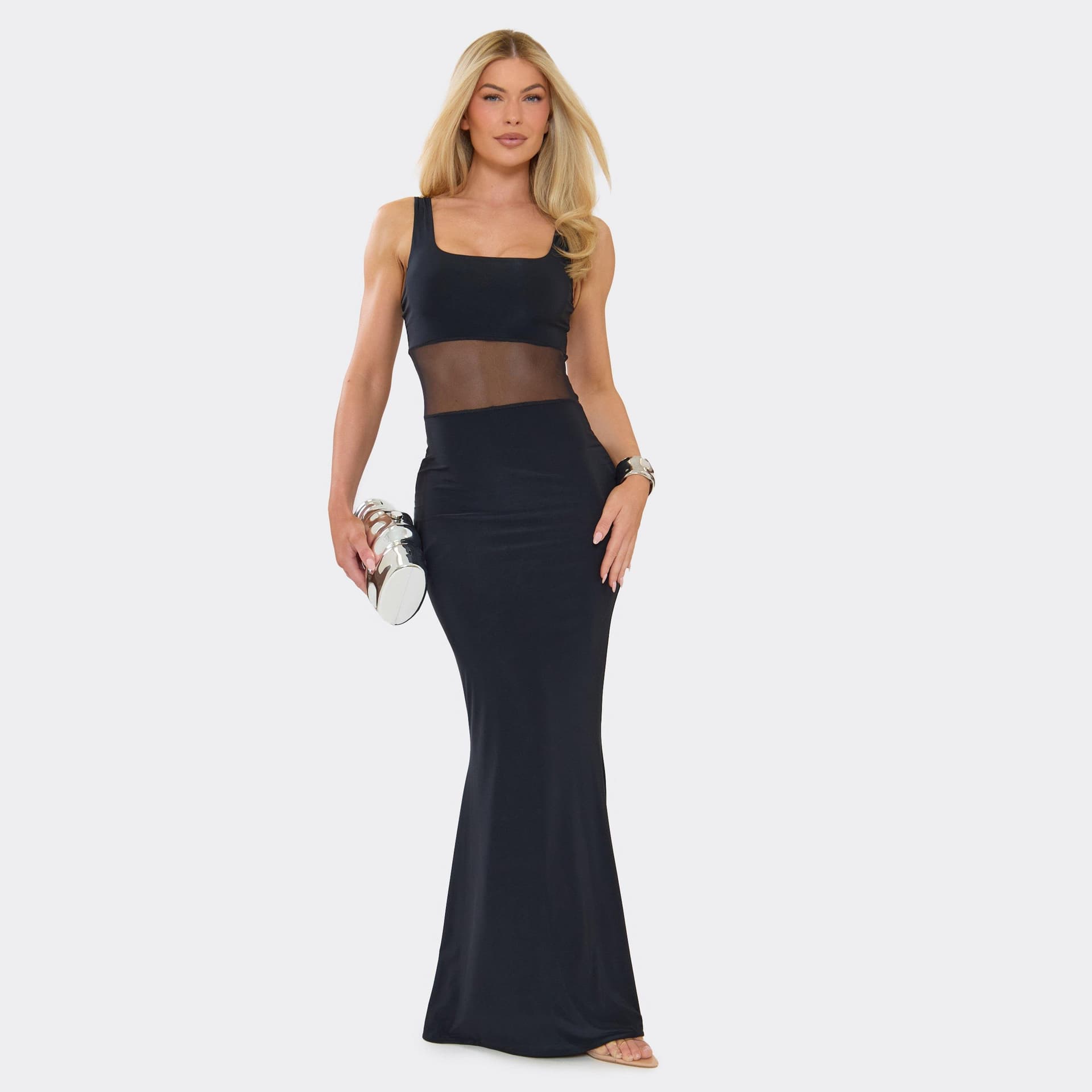EGO Square Neck Mesh Panel Maxi Dress In Black, Women's Size UK 6