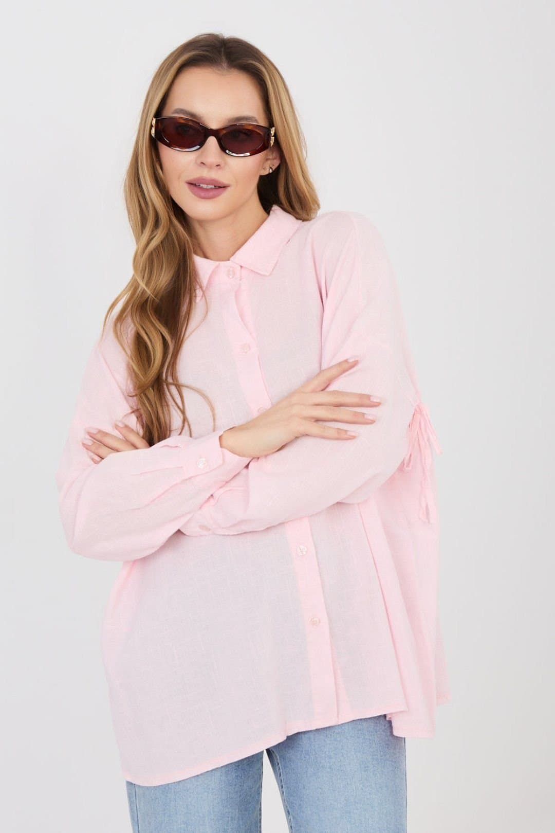 Love Lace Love Lace Women's Long Sleeve Lyocell Linen Cotton Shirt with Tie in Pink