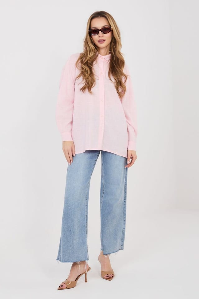 Love Lace Love Lace Women's Long Sleeve Lyocell Linen Cotton Shirt with Tie in Pink - 2