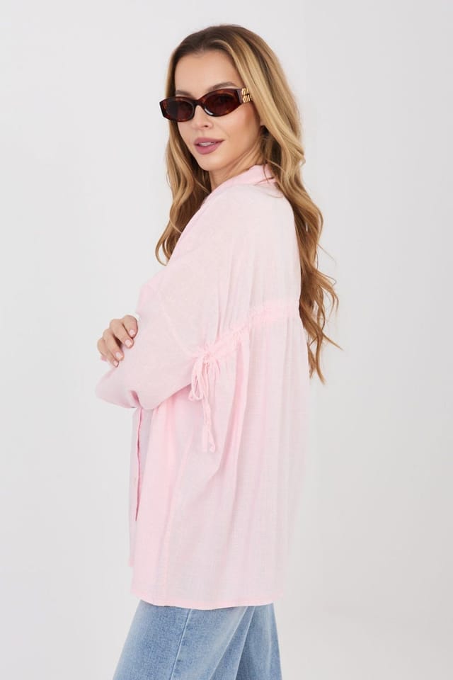 Love Lace Love Lace Women's Long Sleeve Lyocell Linen Cotton Shirt with Tie in Pink - 3