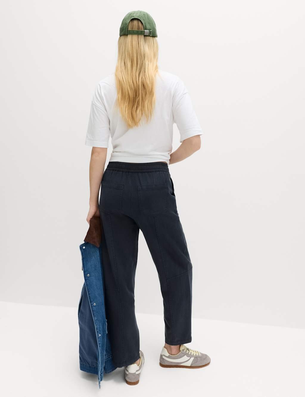 Marks & Spencer M&S Cotton Blend Pull On Tapered Trousers Blue - 3