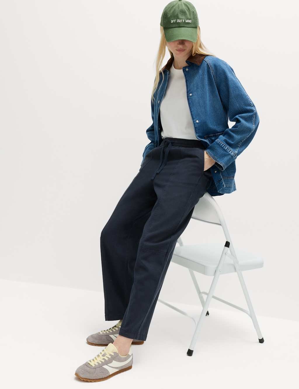 Marks & Spencer M&S Cotton Blend Pull On Tapered Trousers Blue - 4