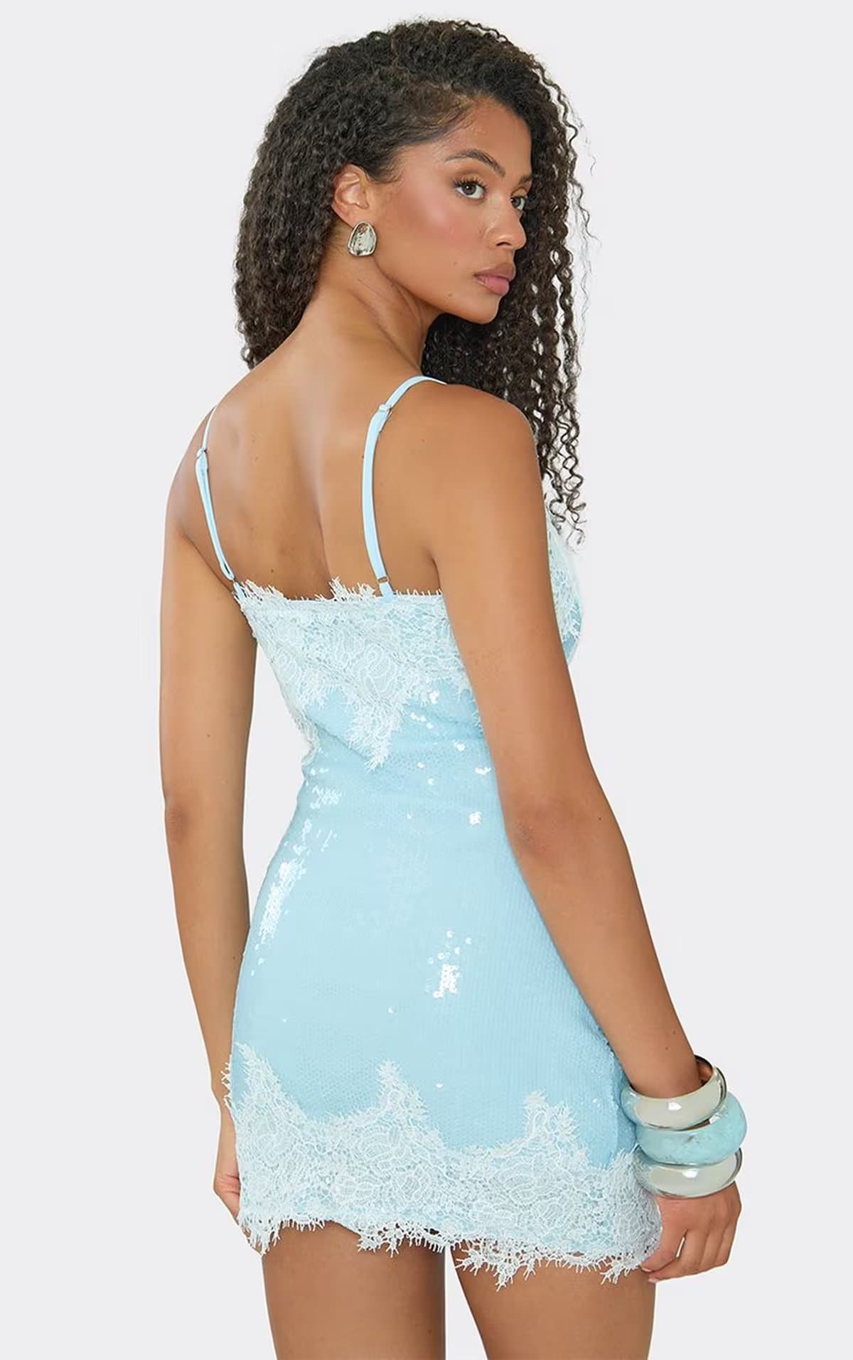 EGO Strappy Plunge Neck Lace Trim Mini Dress In Baby Blue Sequin, Women's Size UK 6