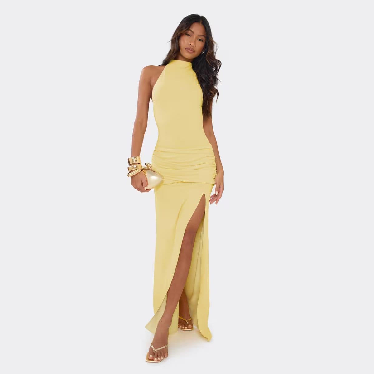 EGO Racer Neck Draped Ruched Detail Maxi Dress In Dark Yellow