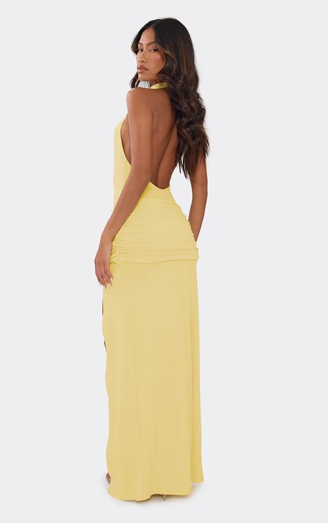 EGO Racer Neck Draped Ruched Detail Maxi Dress In Dark Yellow, Women's Size UK 14 - 2