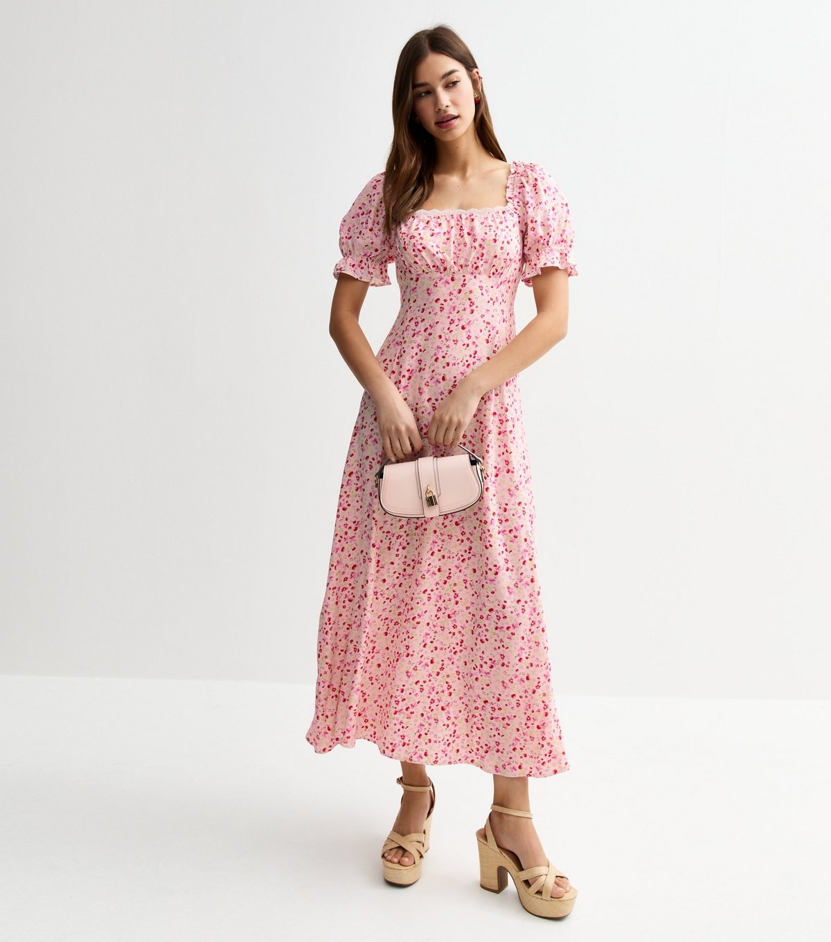 New Look Women's Pink Floral Print Milkmaid Midi Dress New Look - 1