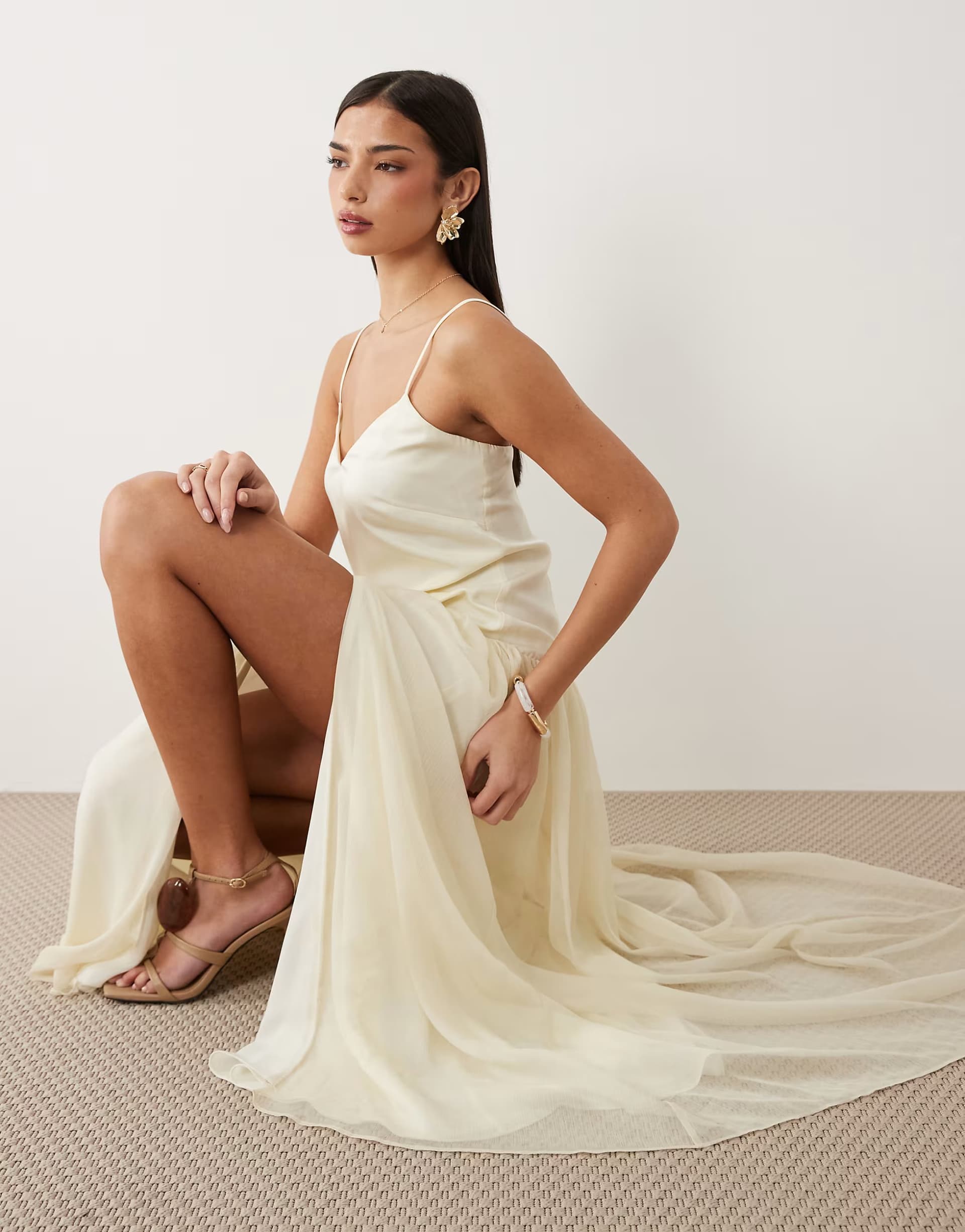 ASOS Bardot Linara chiffon cami full skirt thigh split maxi dress in ivory