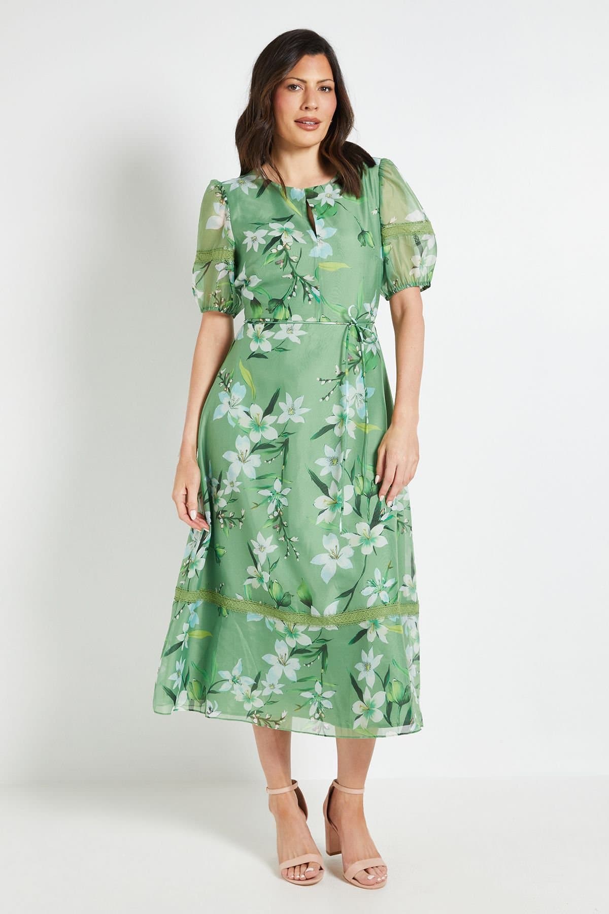 Wallis Wallis Women's Floral Organza Lace Insert Midi Dress in Green