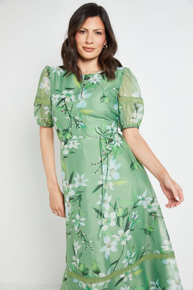 Wallis Wallis Women's Floral Organza Lace Insert Midi Dress in Green - 2