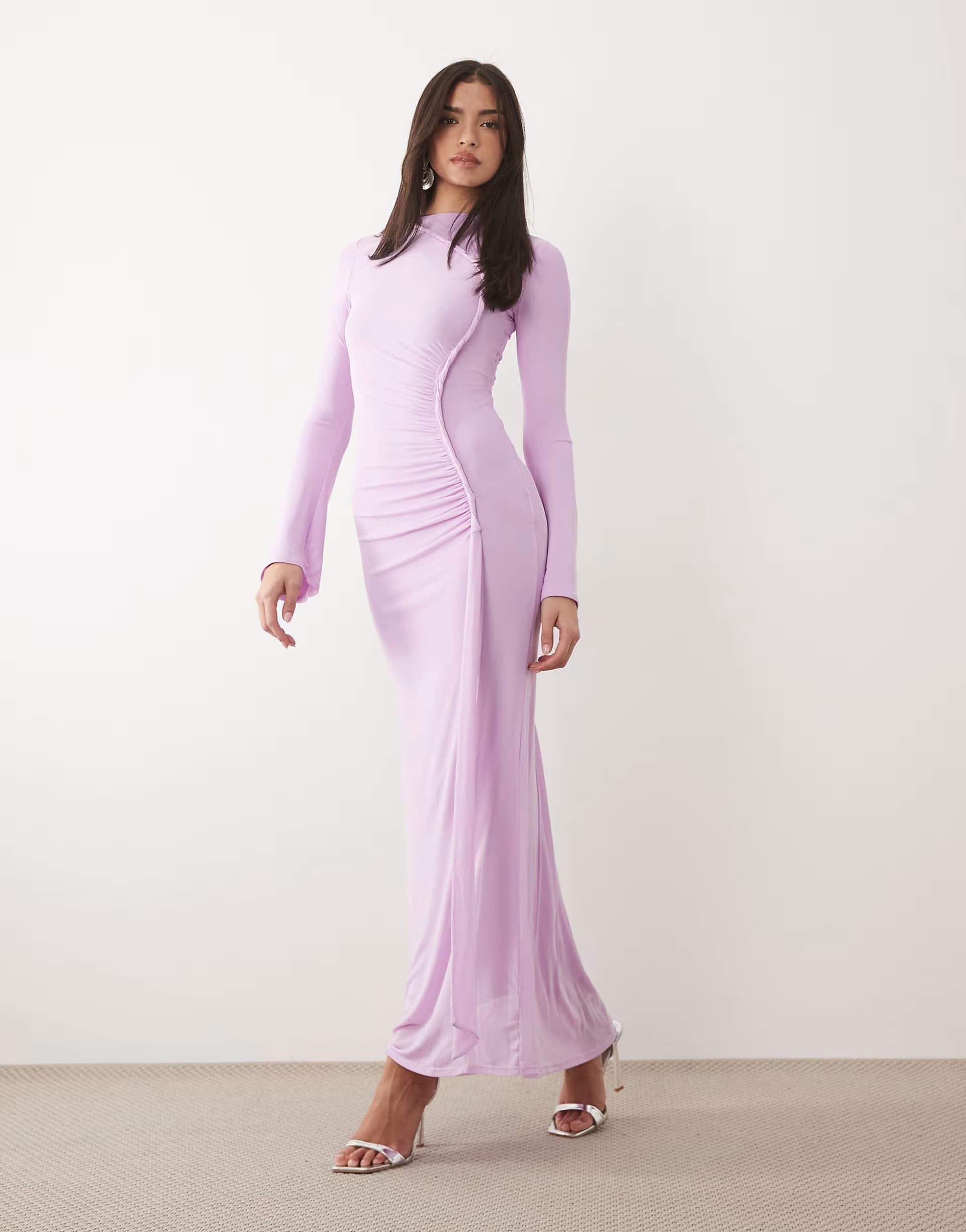 ASOS ASOS DESIGN mesh long sleeve maxi dress with twist detail in lilac