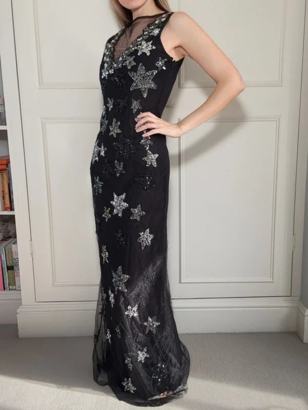 A Star Is Born A Star is Born Black Sequin Embellished Mesh Maxi Gown, UK 10, Brand New with Tags