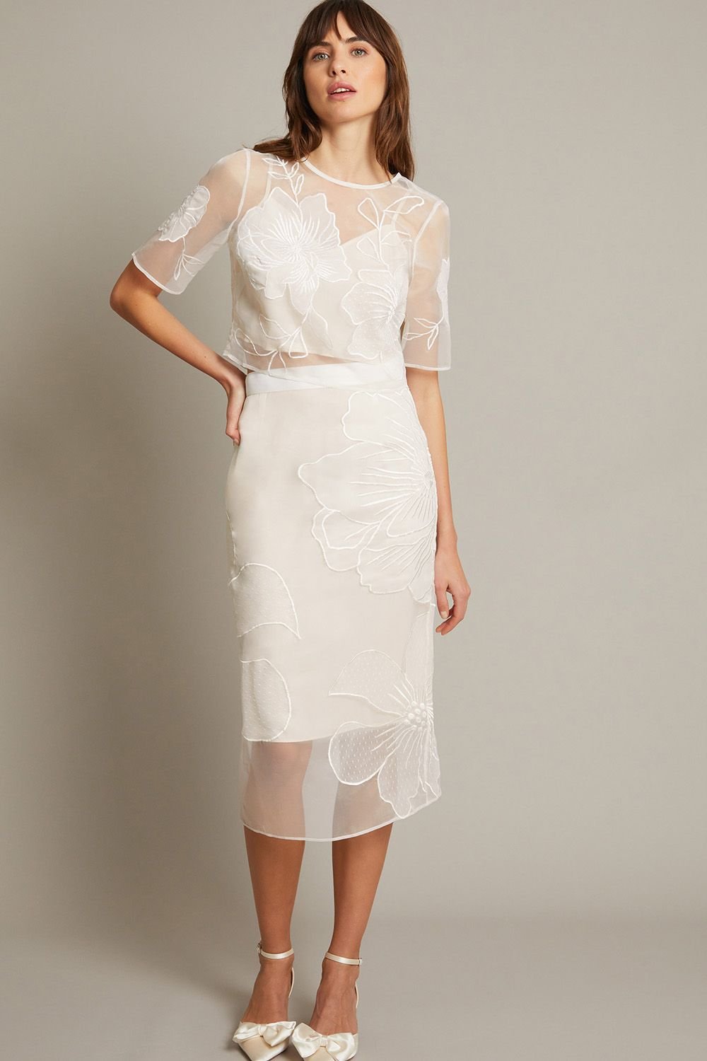 Monsoon Monsoon Women's Rosa Embroidered Floral Pencil Bridal Skirt Ivory - 2