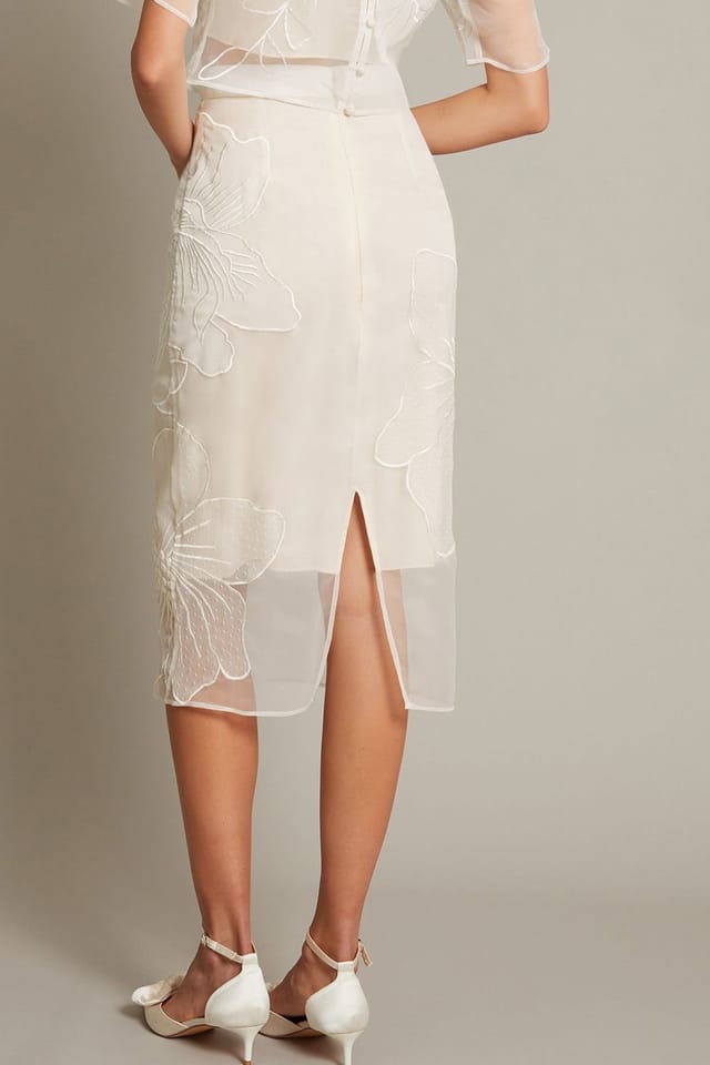 Monsoon Monsoon Women's Rosa Embroidered Floral Pencil Bridal Skirt Ivory - 3