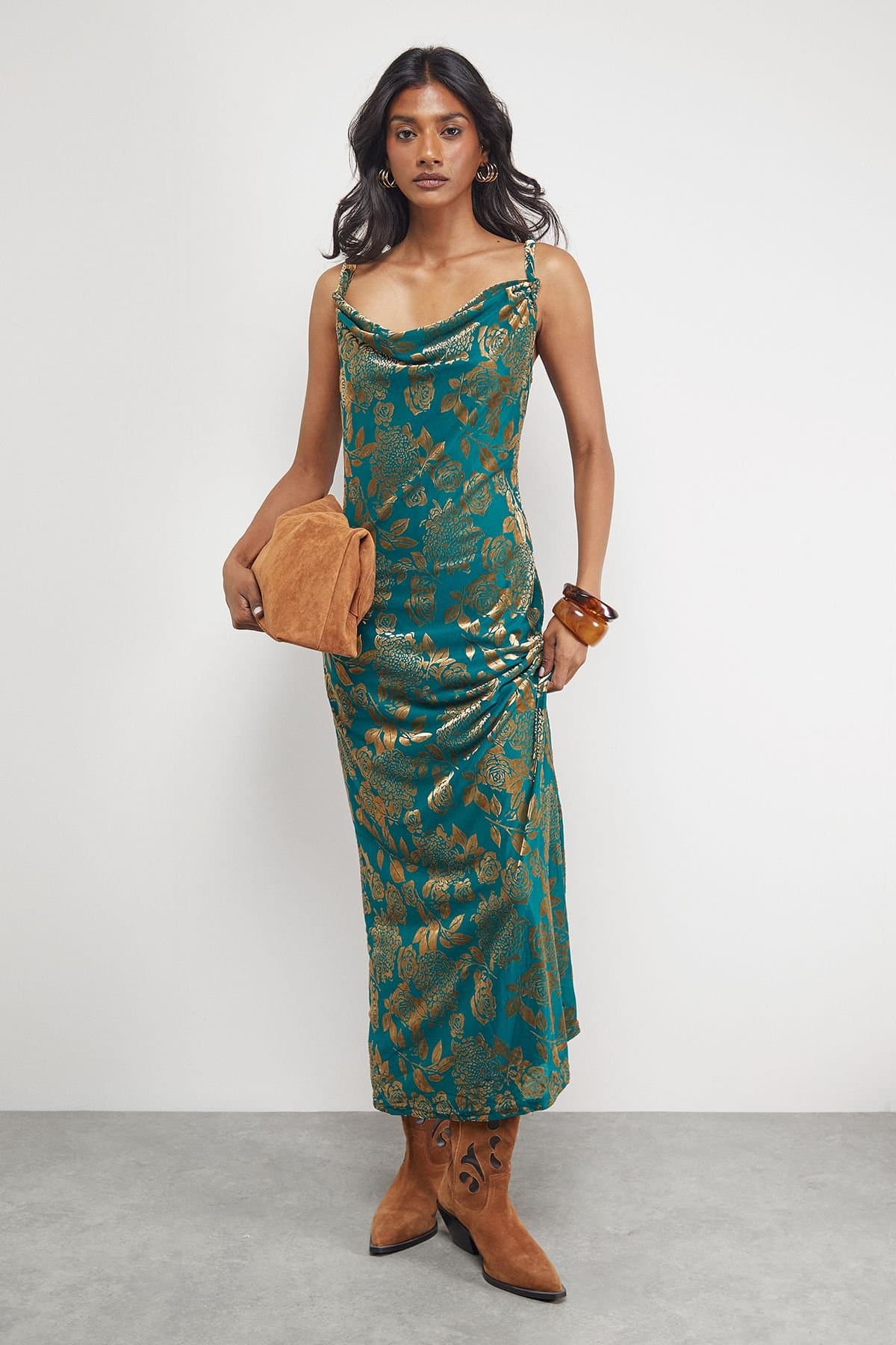 Warehouse Warehouse Women's Devore Twist Cowl Neck Bias Midi Slip Dress in Green