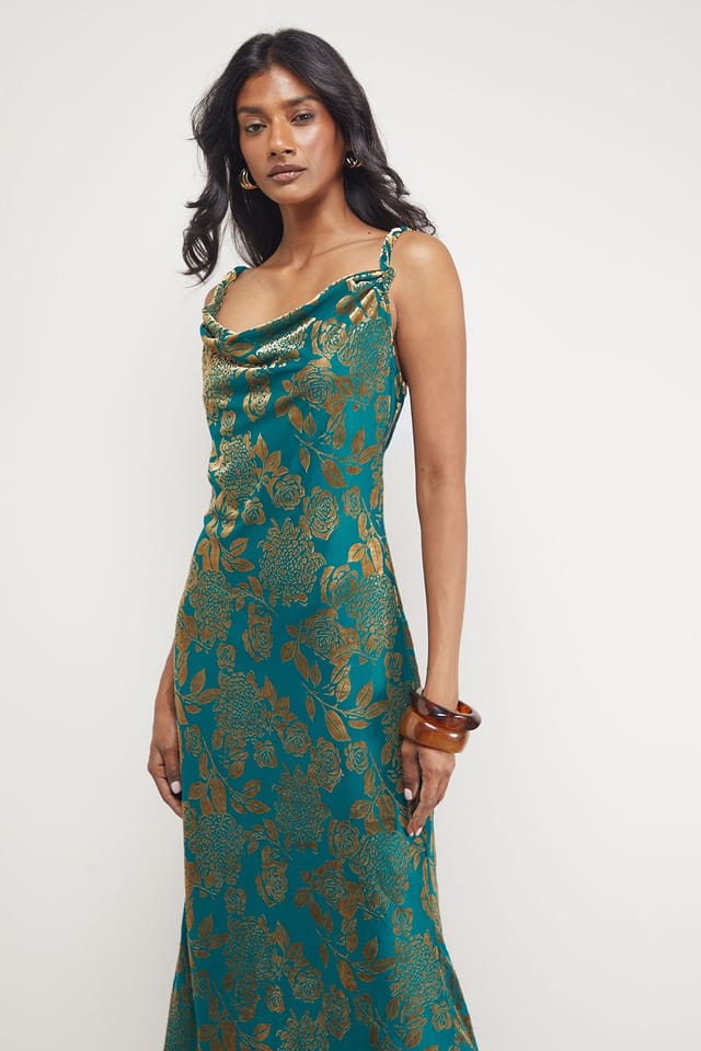 Warehouse Warehouse Women's Devore Twist Cowl Neck Bias Midi Slip Dress in Green - 2