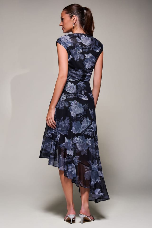 Jolie Moi Jolie Moi Women's Asymmetrical Draped Mesh Midaxi Dress in Black - 2