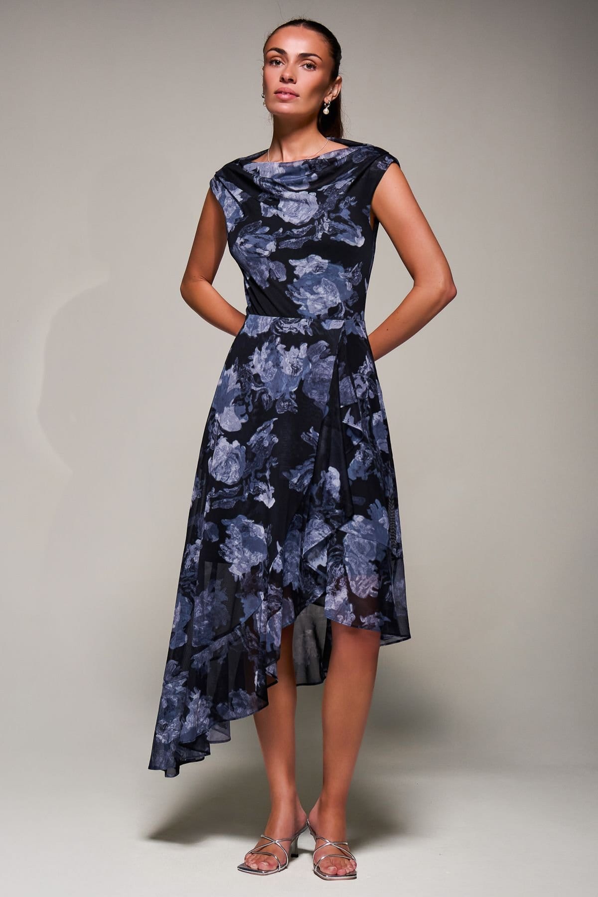 Jolie Moi Jolie Moi Women's Asymmetrical Draped Mesh Midaxi Dress in Black - 4