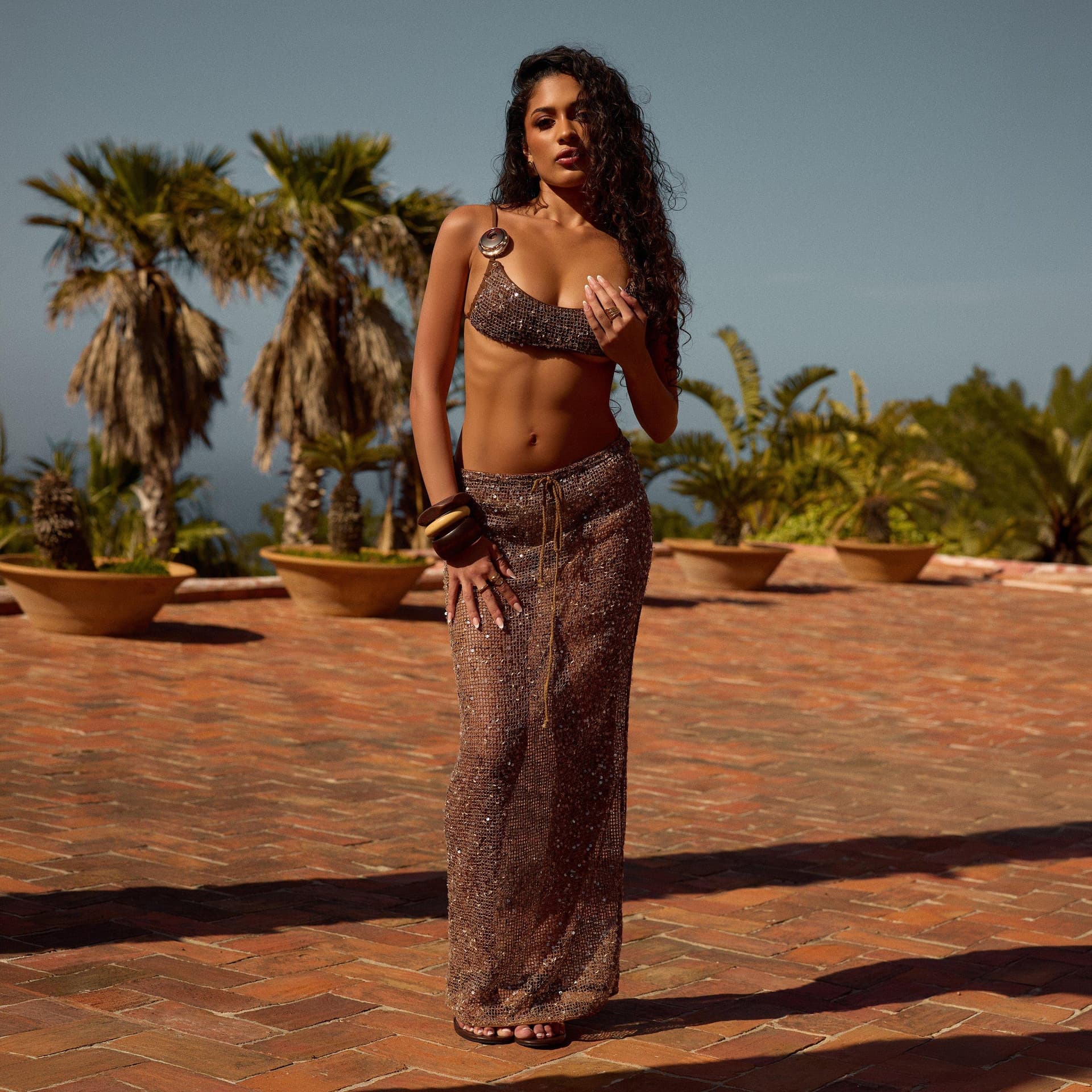 EGO Tie Front Maxi Skirt In Brown Sequin Crochet, Women's Size UK 6