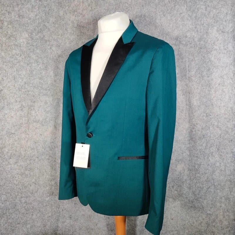 ASOS ASOS Jacket Mens Size 42R Slim Fit Teal Blue Tuxedo Party Satin Peak Lapel New