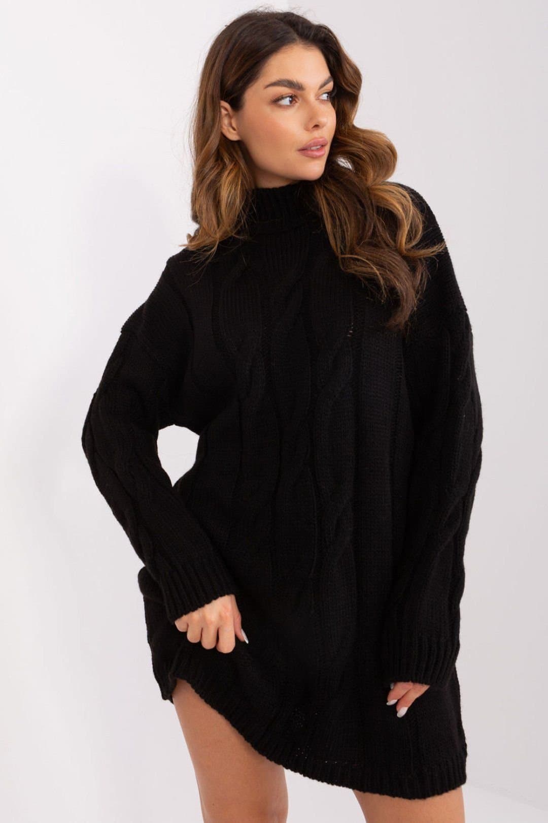 Love Lace Love Lace Women's Ribbed Variegated Turtleneck Long Sleeve Dress in Black