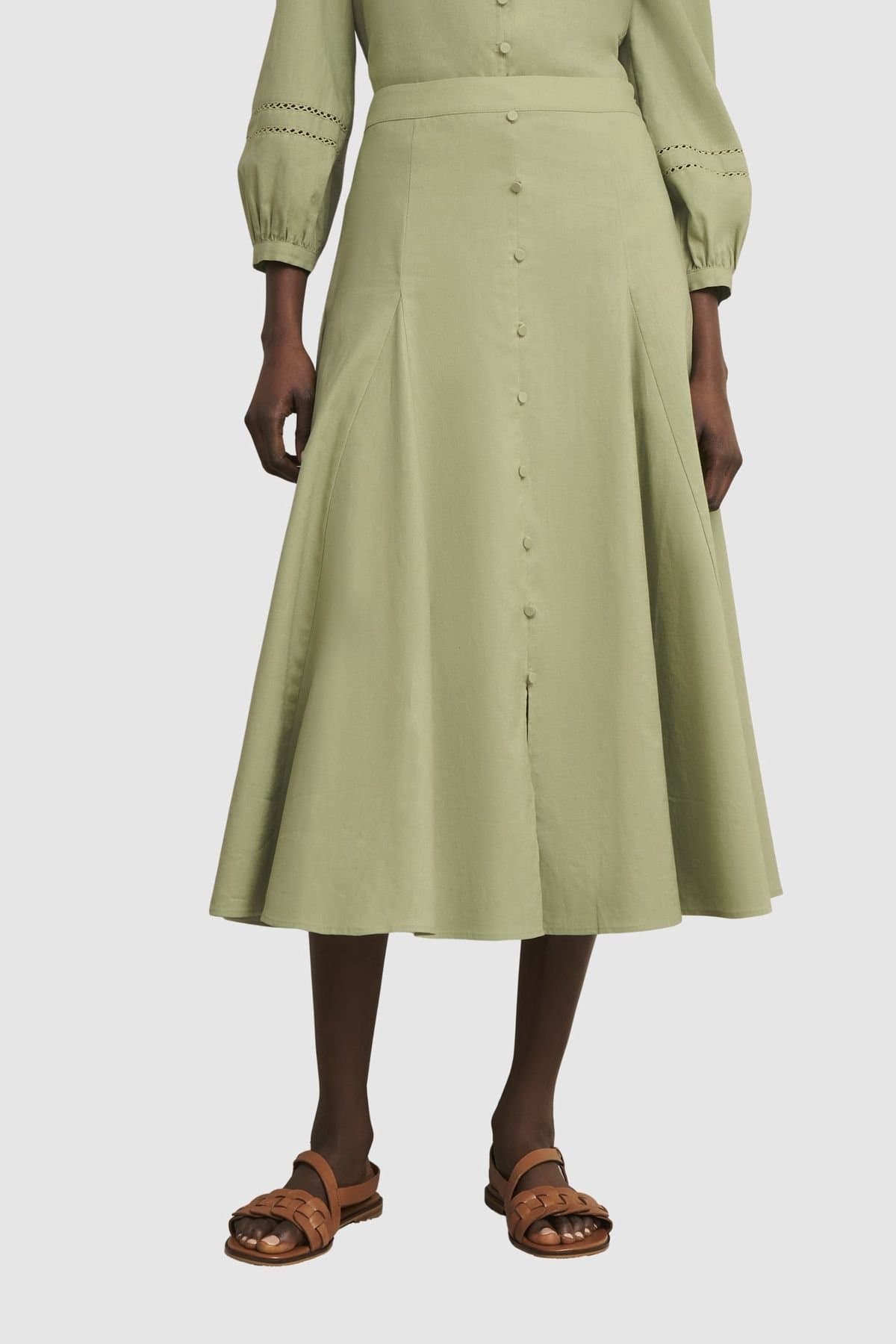 Hobbs London Hobbs London Women's Emberlynn Linen Blend Midi Skirt in Pale Green