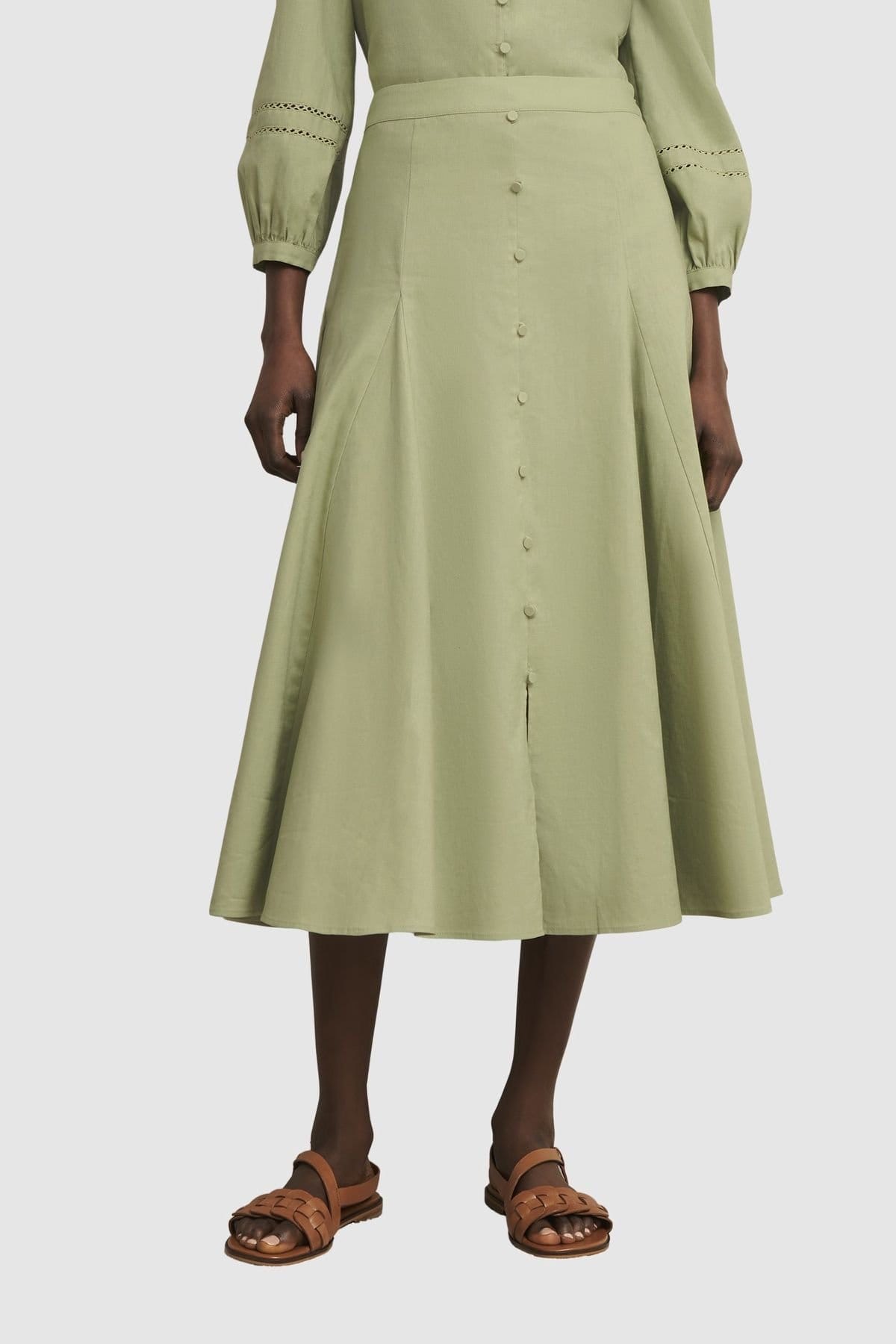 Hobbs London Pale Green Midi Skirt in Linen Blend