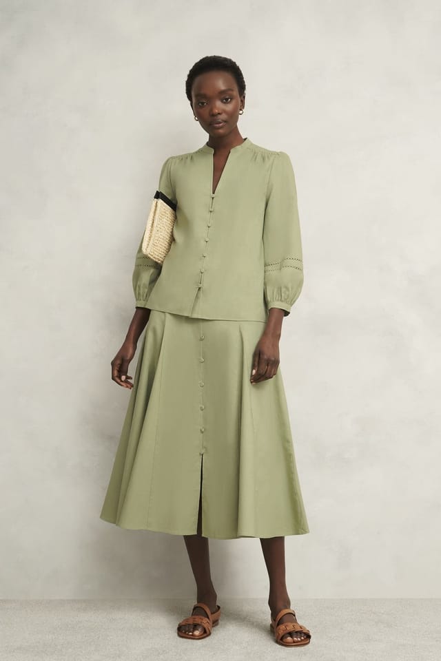 Hobbs London Hobbs London Women's Emberlynn Linen Blend Midi Skirt in Pale Green - 3