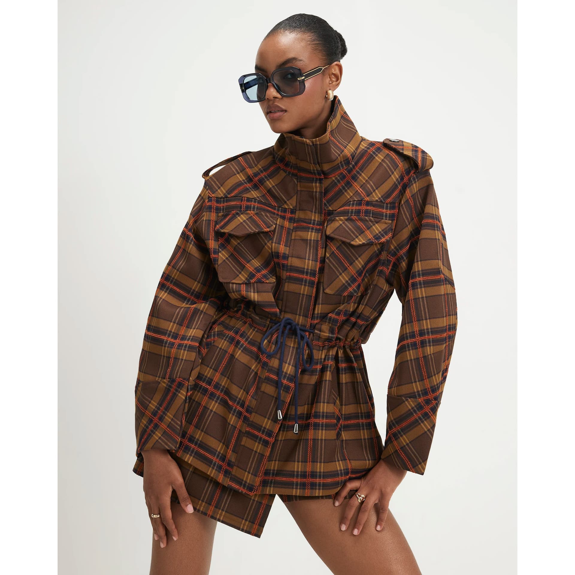 River Island River Island Womens Brown Check Funnel Neck Parka Jacket