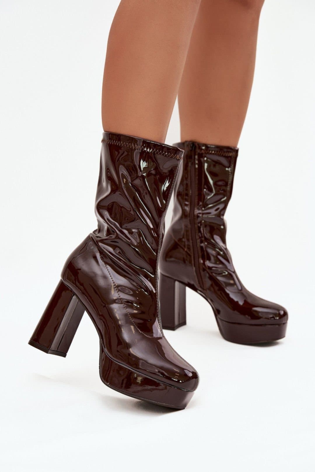 Love Lace Love Lace Women's Glossy Zipper Ankle Boots Block Heel Platform Insulated in Brown