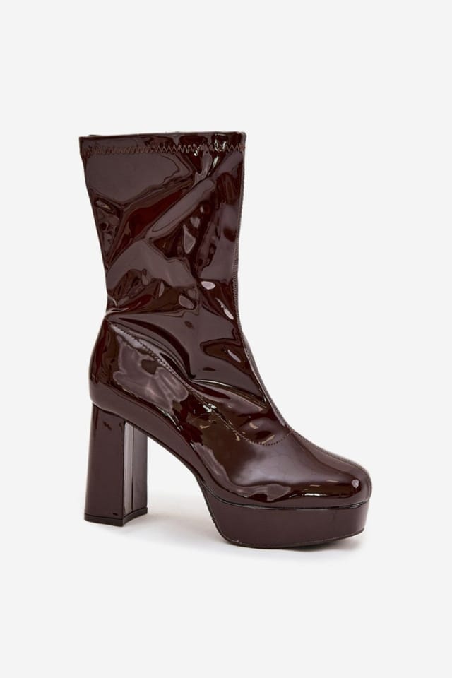 Love Lace Love Lace Women's Glossy Zipper Ankle Boots Block Heel Platform Insulated in Brown - 2