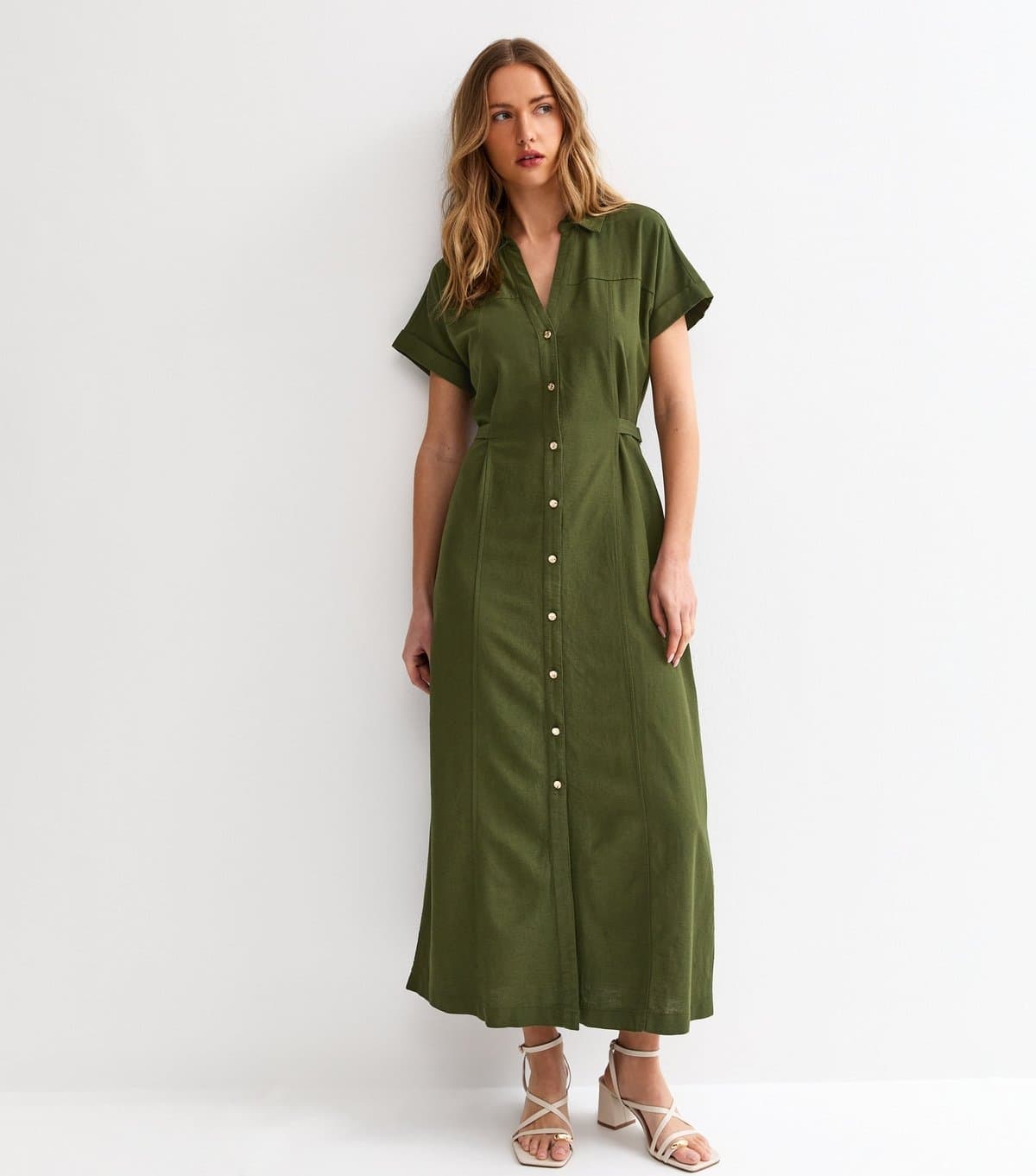 New Look Women's Dark Khaki Linen Blend Shirt Midi Dress New Look