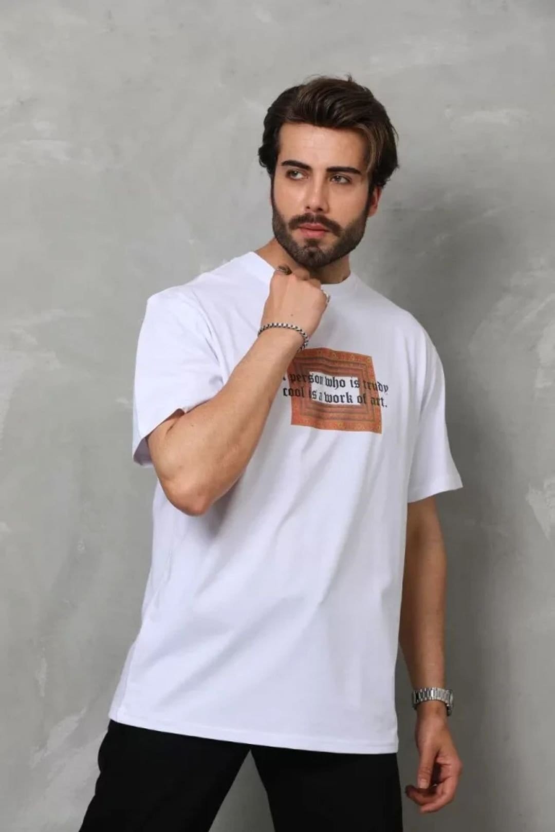 Janes Janes Men's Oversized Crew Neck T-Shirt with Text Print in White - 4