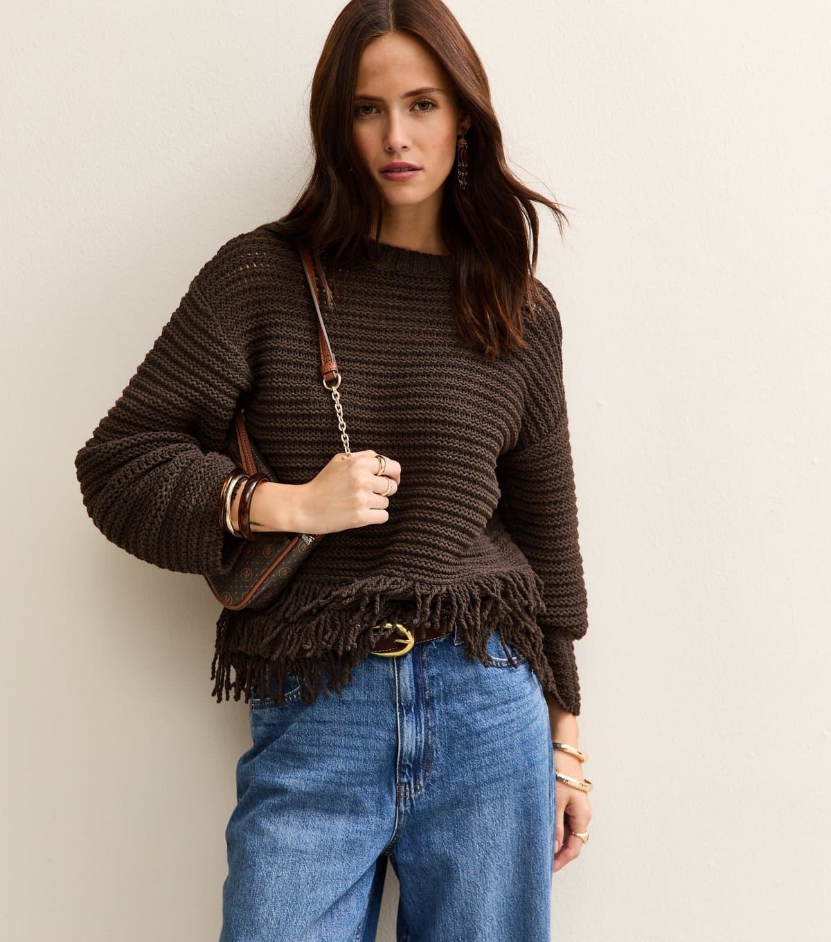 New Look Women's Dark Brown Heavy Knit Fringe Hem Jumper New Look