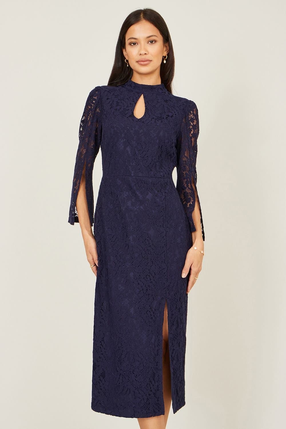 Yumi Yumi Women's Navy Lace Fitted Midi Dress With Flute Sleeves