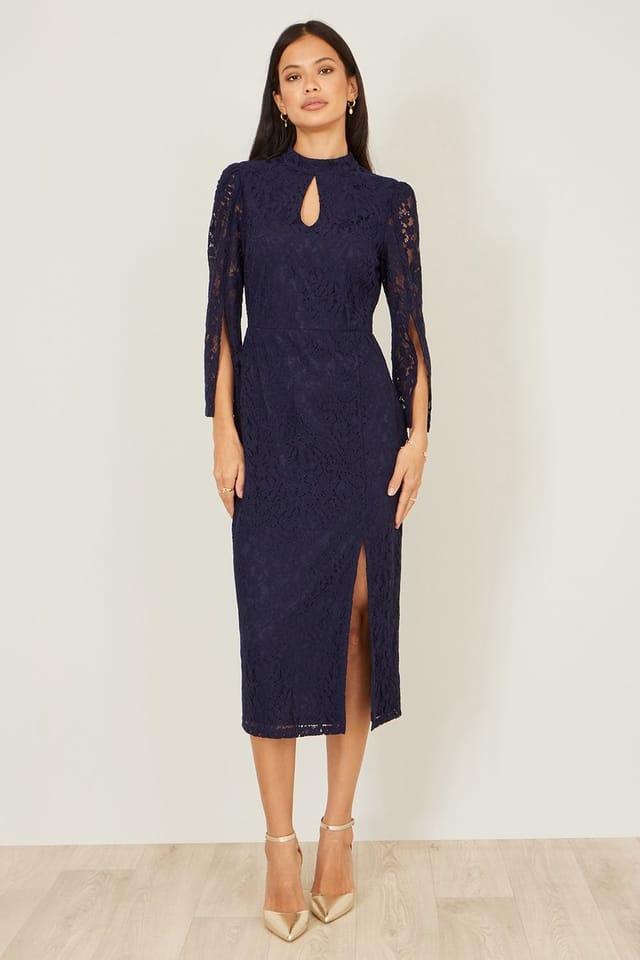 Yumi Yumi Women's Navy Lace Fitted Midi Dress With Flute Sleeves - 2