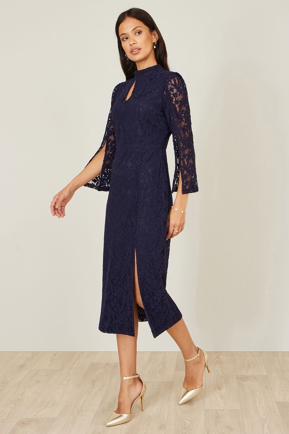 Yumi Yumi Women's Navy Lace Fitted Midi Dress With Flute Sleeves - 3