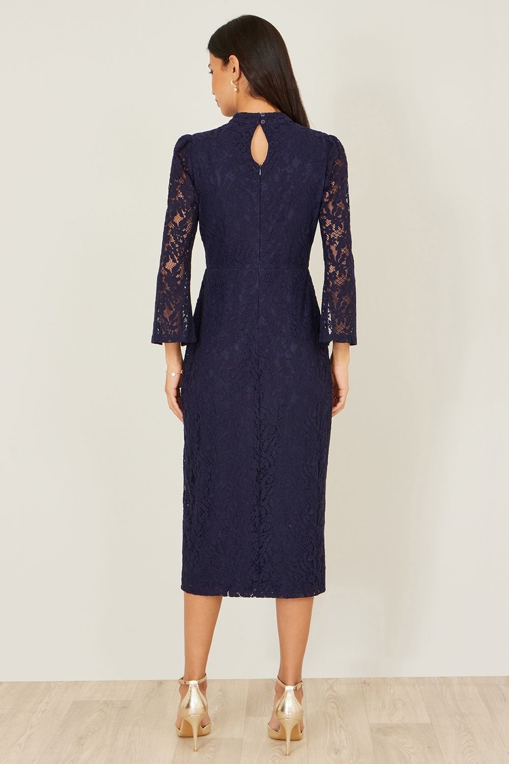 Yumi Yumi Women's Navy Lace Fitted Midi Dress With Flute Sleeves - 4