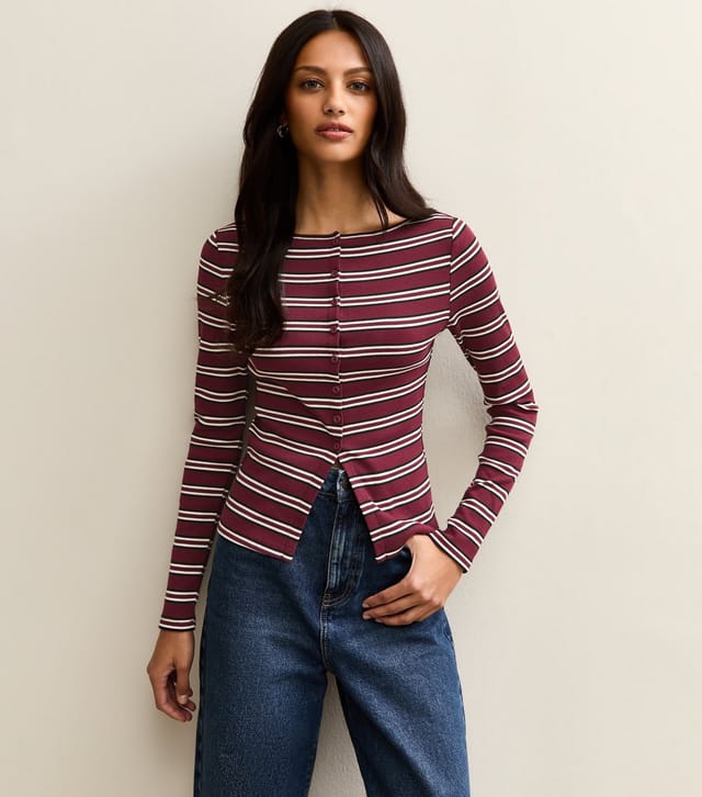 New Look Women's Red Striped Crew Neck Cardigan New Look - 2