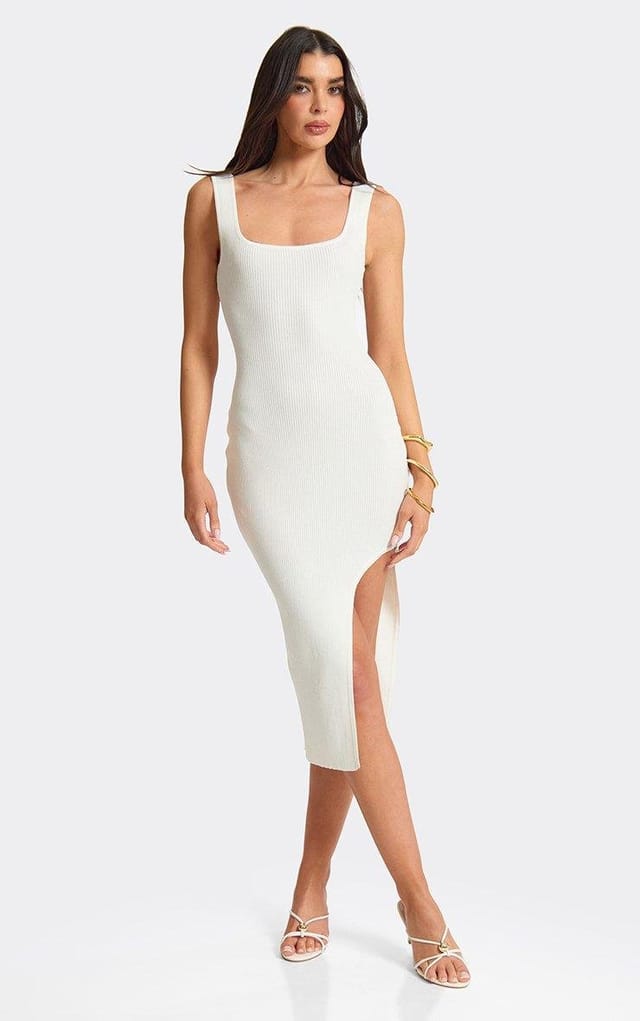 EGO Scoop Neck Side Split Bodycon Dress In White Ribbed Knit, Women's Size UK S/M - 2