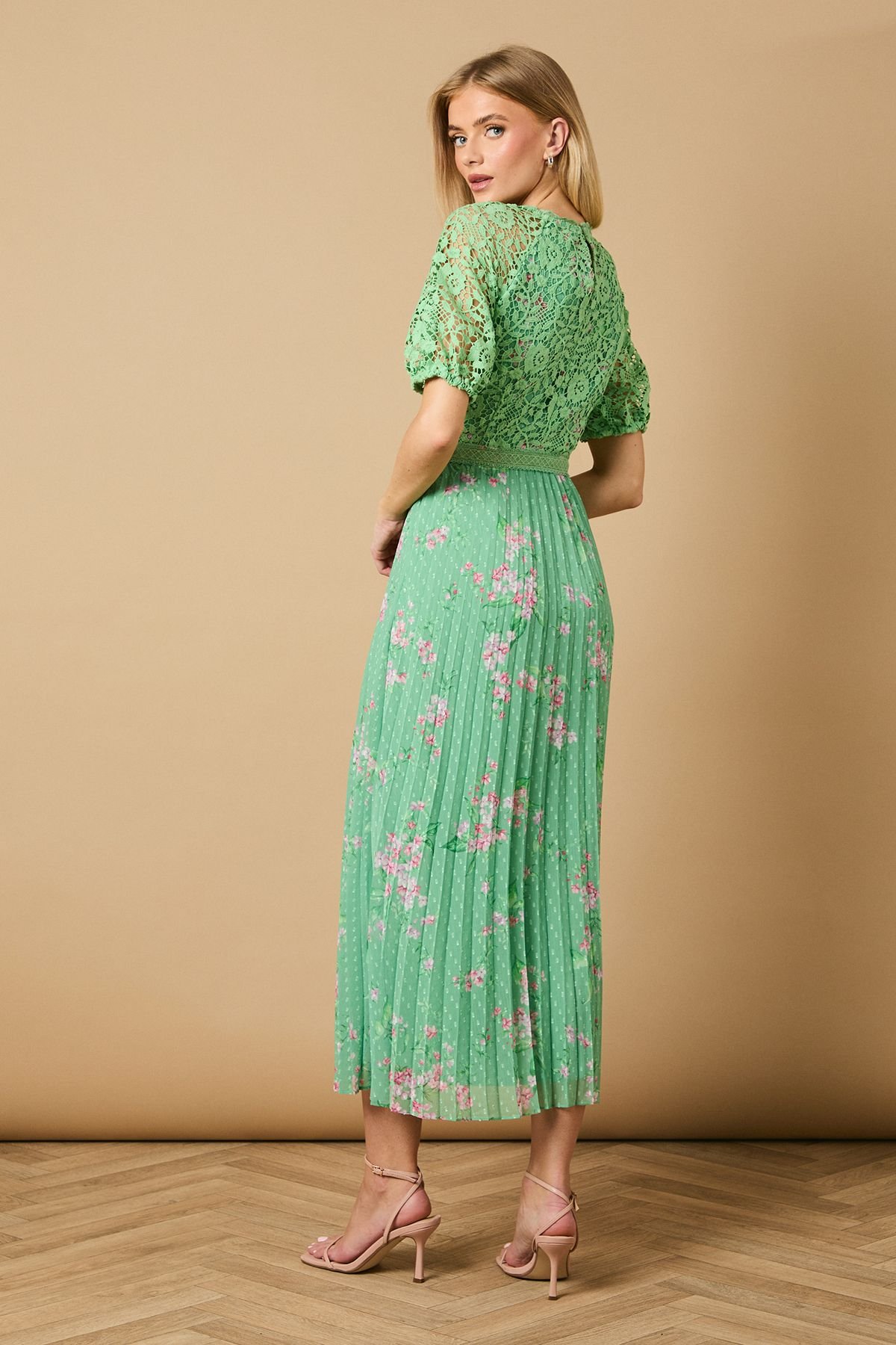 Oasis Oasis Women's Occasion Floral Lace Bodice Pleated Midi Dress in Sage - 3