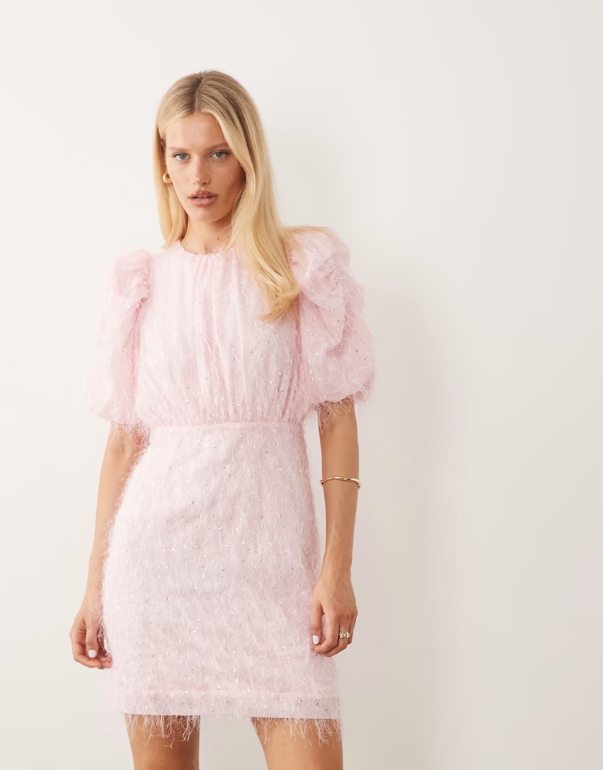 ASOS YAS puff sleeve sequin mini dress in ballerina pink
