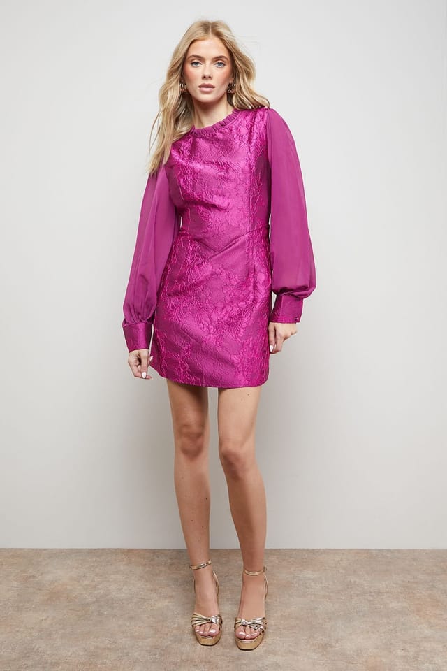 Oasis Oasis Women's Structured Jacquard Fit & Flare Mini Dress With Chiffon Sleeve in Purple - 2