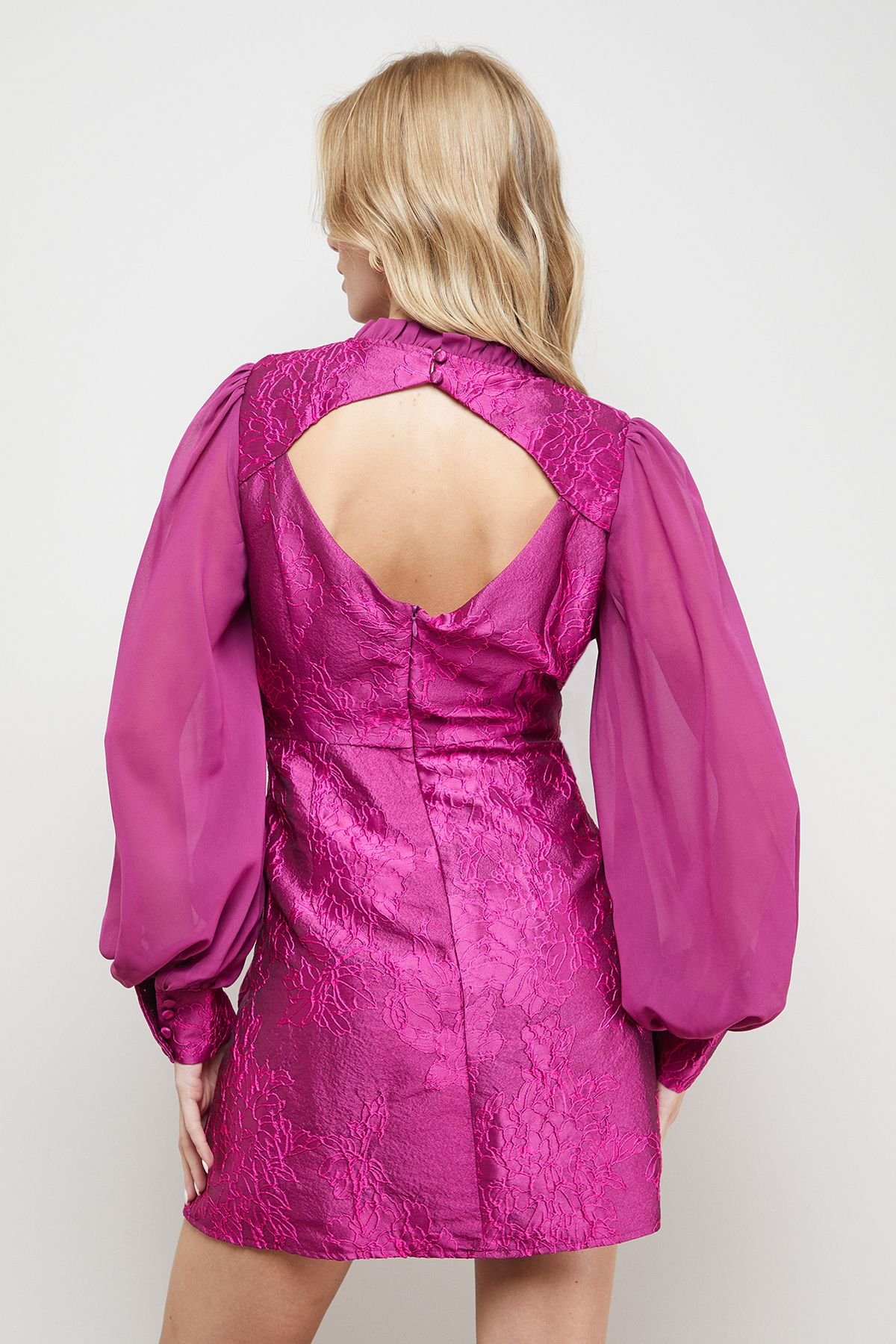 Oasis Oasis Women's Structured Jacquard Fit & Flare Mini Dress With Chiffon Sleeve in Purple - 3