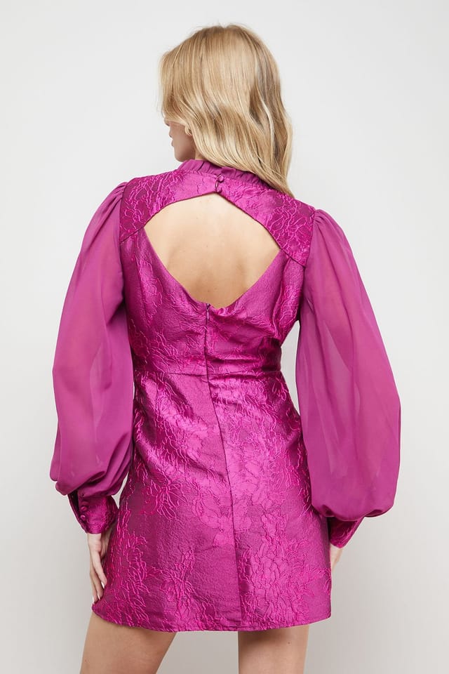 Oasis Oasis Women's Structured Jacquard Fit & Flare Mini Dress With Chiffon Sleeve in Purple - 3