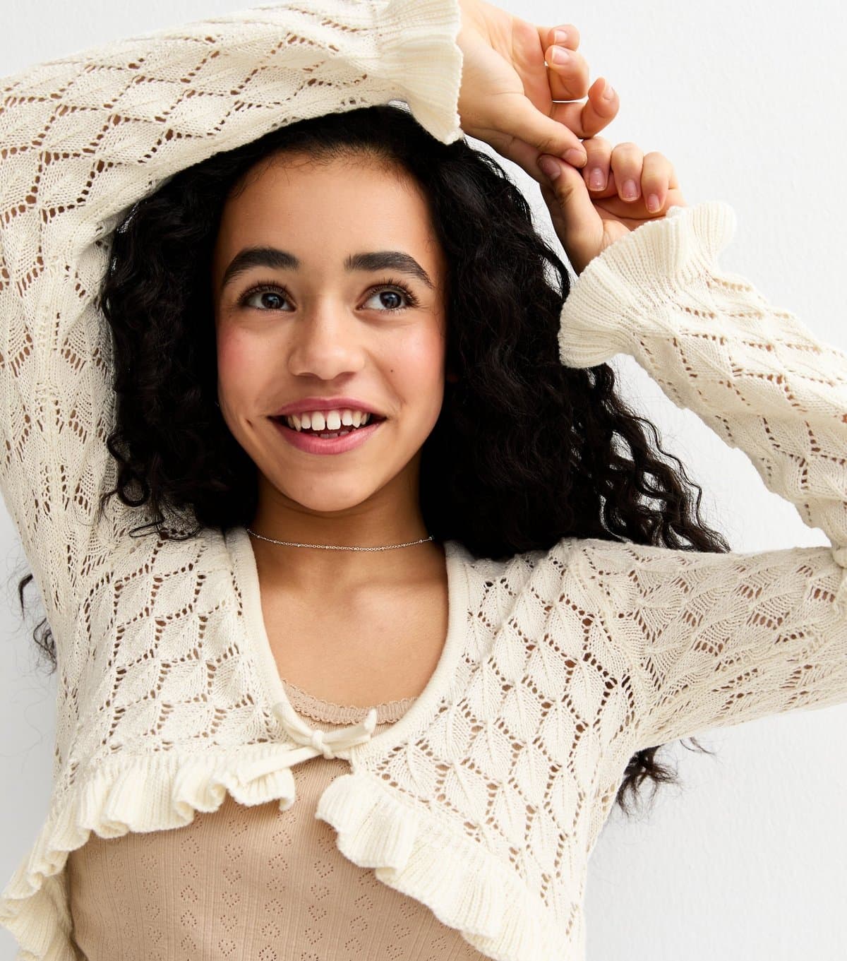 New Look Girls' Cream Ruffled Crochet Cardigan New Look