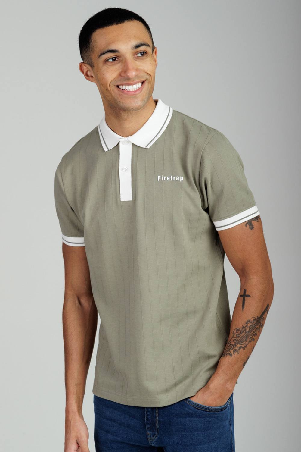 Firetrap Firetrap Men's Regular Fit Ribbed Cotton Button Polo in Khaki - 2